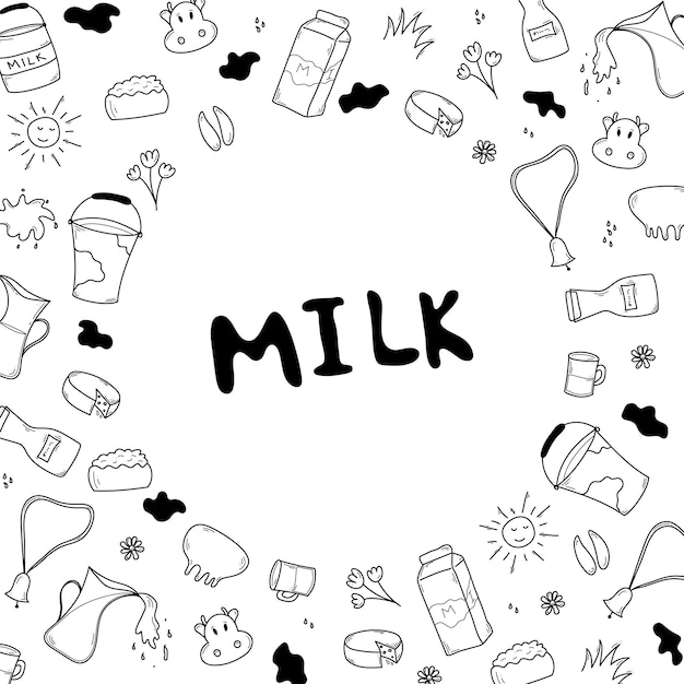 Vector doodle milk set in circle vector illustration isolated on white background