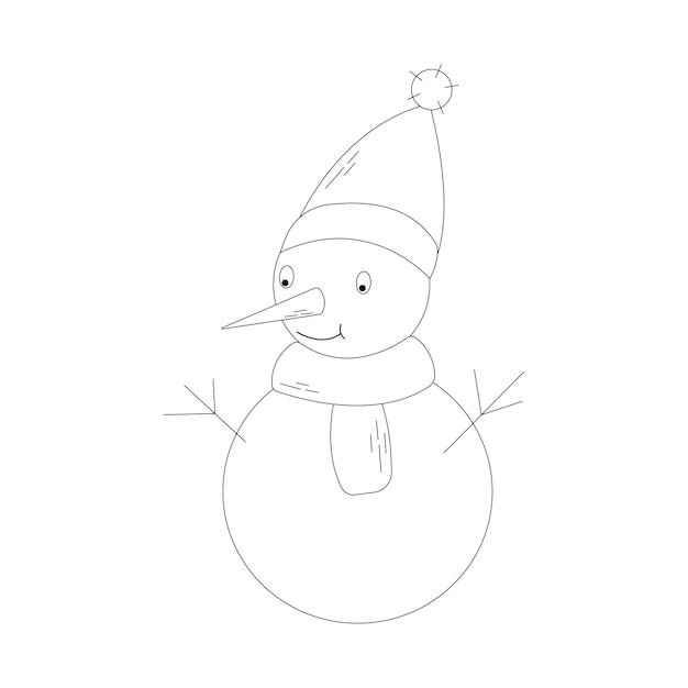 Doodle monochrome cute snowman with a scarf and a hat Christmas flat design Vector illustration