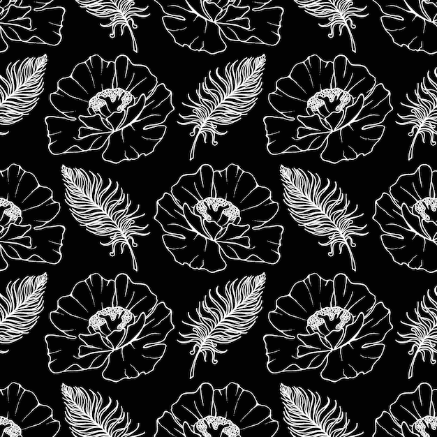 Doodle monochroom papavers veren naadloze patroon achtergrond textuur vector