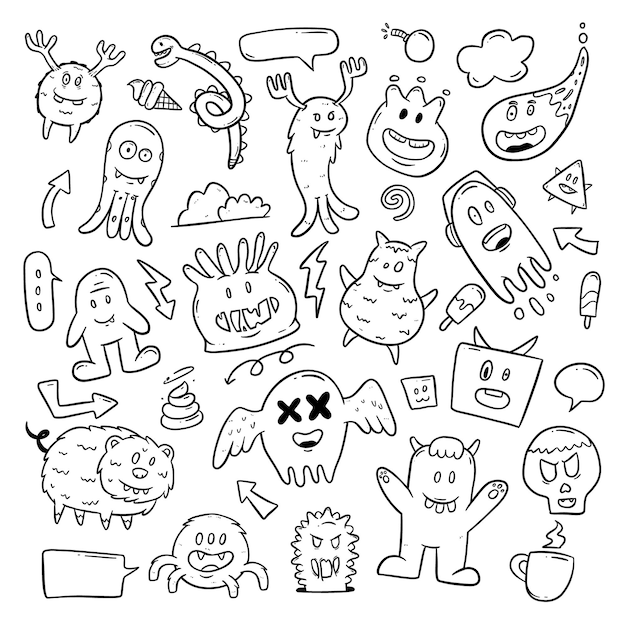 Vector doodle monster cartoon outline handtekeningen illustratie