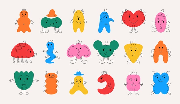 Doodle monsters hand drawn minimalistic funny mascots with cheerful face emotions