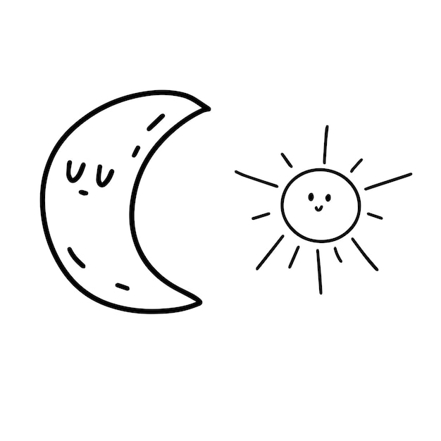 Doodle moon and sun with face illustration isolated