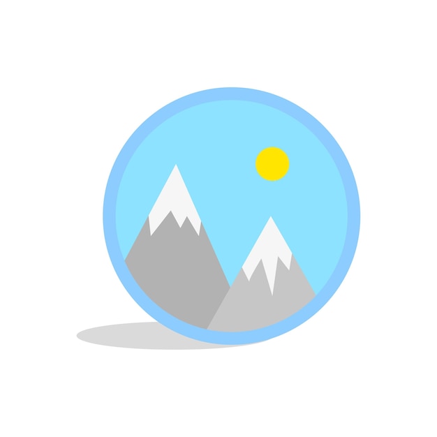 Doodle mountains sun blue circle. Vector illustration.