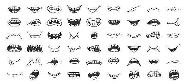 Bocca doodle divertente cartone animato pop art sorriso rabbia ed espressione faccia spaventosa con denti e lingua set di bocche isolate disegnate a mano carino vettoriale