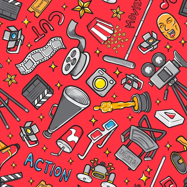 Doodle movie icon set pattern seamless background