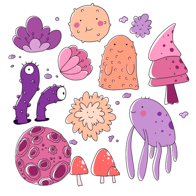 Doodle mushrooms aliens set funny cartoon character design set