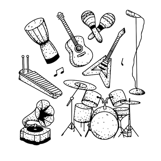 Doodle music tools line art element clipart