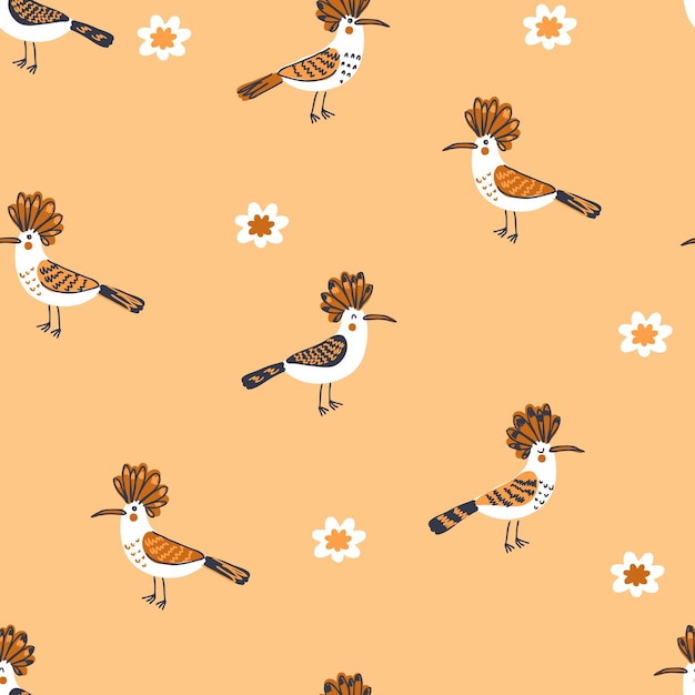 Doodle naadloze patroon met hop vogels en bloemen perfect voor tshirt textiel en print hand getrokken vectorillustratie voor decor en design