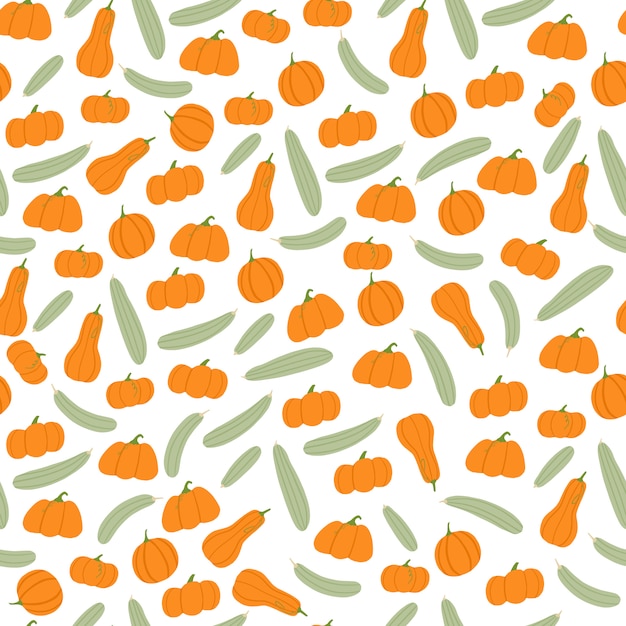 Vector doodle naadloze patroon met oranje pompoenen en grijs courgette ornament. witte achtergrond. afdrukken.