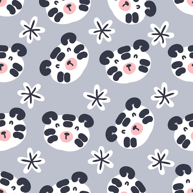 Doodle naadloze patroon met tijger gezichten en sneeuwvlokken Perfect voor Tshirt textiel en print Hand getrokken vectorillustratie voor decor en design