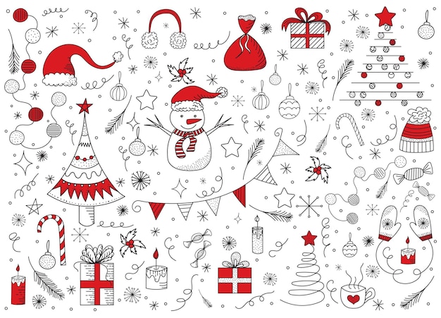 Doodle nieuwjaar kerstelementen schetsen geïsoleerde vector