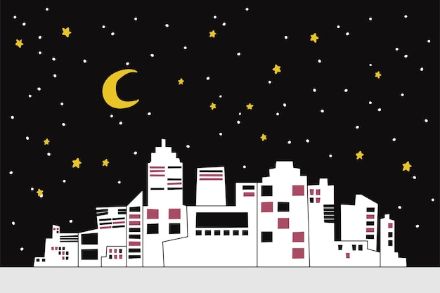 Vector doodle night city skyline illustration