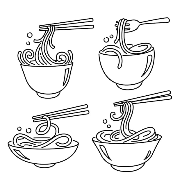 Vector doodle noodles in a bowl with chopsticks