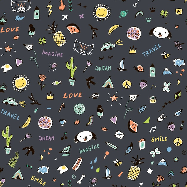 Doodle objects cat dog cactus pineapple vector seamless pattern