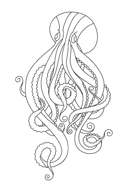 Doodle octopus schets. Hand getekende inktvis dierlijke illustratie. Kleurplaat, poster of kaart, tshirt print, restaurantmenu. Nautisch vintage design. Vector illustratie. Geïsoleerd van witte achtergrond.