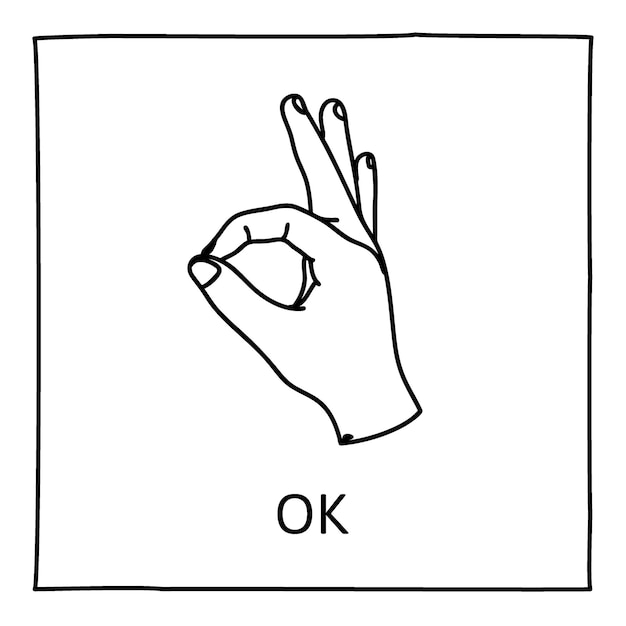 Icona di scarabocchio ok. simbolo del gesto disegnato a mano. elemento di design grafico in stile line art. approvazione, voto, amore, concetto di gesto preferito. illustrazione vettoriale