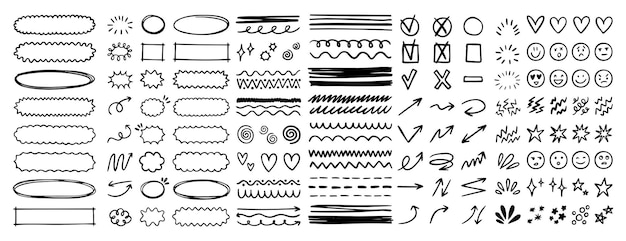 Doodle onderstrepen nadruk krabbelende elementen lijn met de hand getekend set doodle penseel vormen stroke highlight