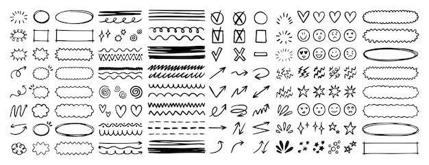 Doodle onderstrepen nadruk krabbelende elementen lijn met de hand getekend set doodle penseel vormen stroke highlight