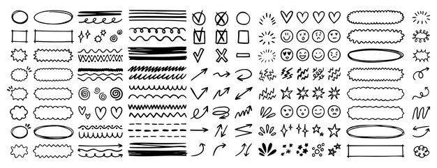 Doodle onderstrepen nadruk scribble elementen lijn met de hand getekend set doodle penseel vormen stroke highlight glinster en pijl elementen kinderlijke tekening kinderen stijl