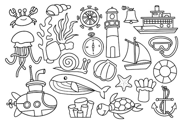 doodle ontwerp nautisch thema vectorillustratie van zeedieren schepen en anderen