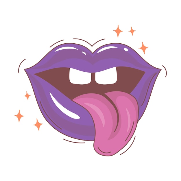 Doodle open mond met uithangende tong en paarse lippen