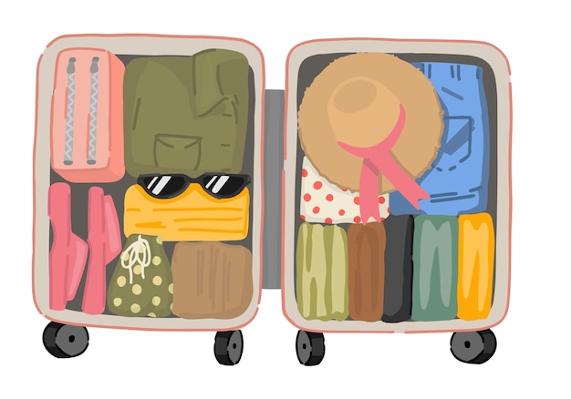 Vector doodle of opened suitcase full of things travel baggage luggage trip attribute cartoon illustration