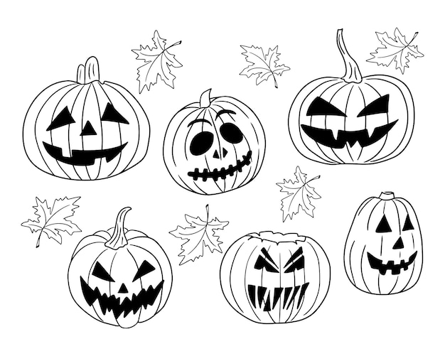 Doodle outline collection of creepy halloween pumpkins sketch hand drawn design for halloween
