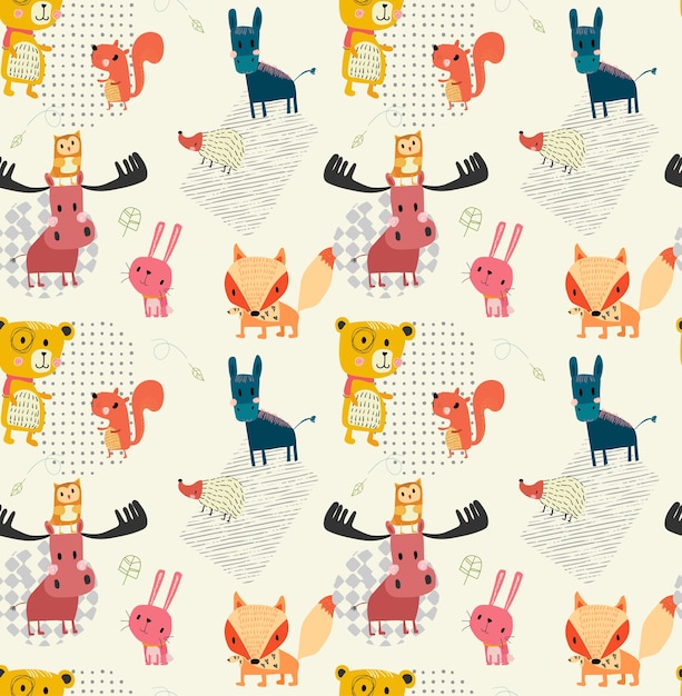 Doodle outline cute wild animal pattern seamless 