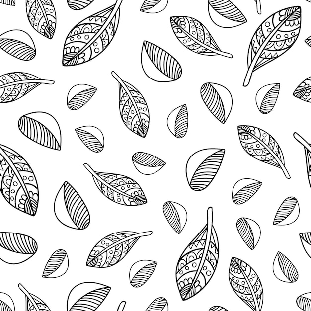 Vector doodle outline leaves seamless pattern