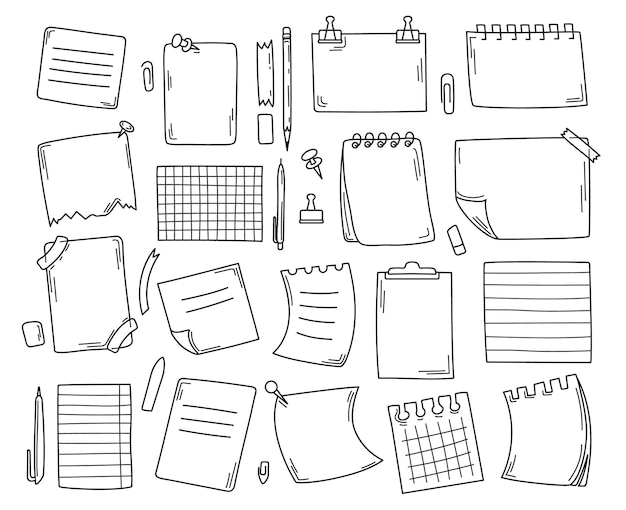 낙서 종이 메모, 손으로 그린 노트북 페이지 및 스티커 메모. 빈 종이 시트 스케치, 핀 또는 테이프 벡터 세트가 있는 귀여운 메모 스티커. 연필이나 펜을 쓰기 위한 저널 또는 알림