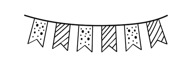 Doodle party bunting flags for decoration. Black line sketch garland. Hand drawn vector illustration. Doodle party drawing. Celebration bunting