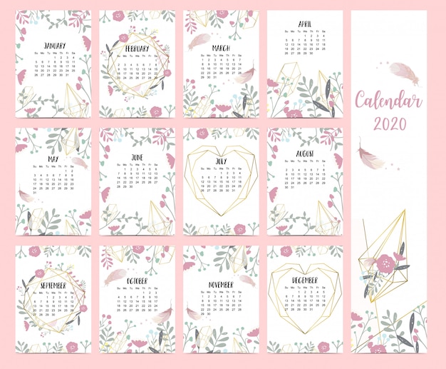 Doodle calendario pastello boho impostato 2020 con piuma