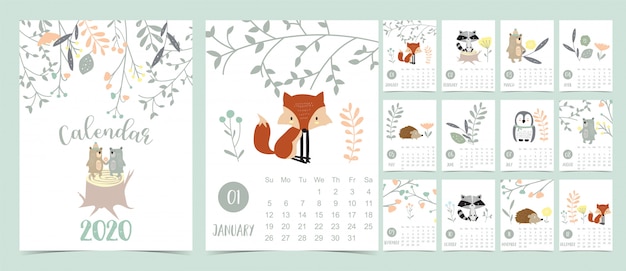 Doodle pastel bos kalender kalender 2020 met vos