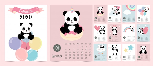 Doodle pastel kalender set 2020 met panda