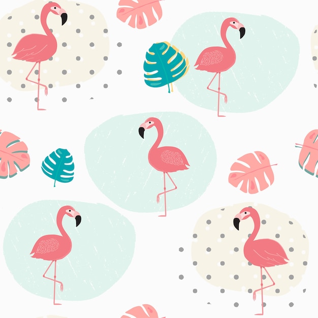 Doodle pastel tropical summer leafs and pink flamingo