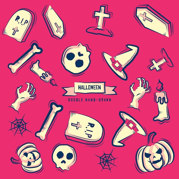 Vector doodle pattern halloween with skull, pumpkin and other vector on red background