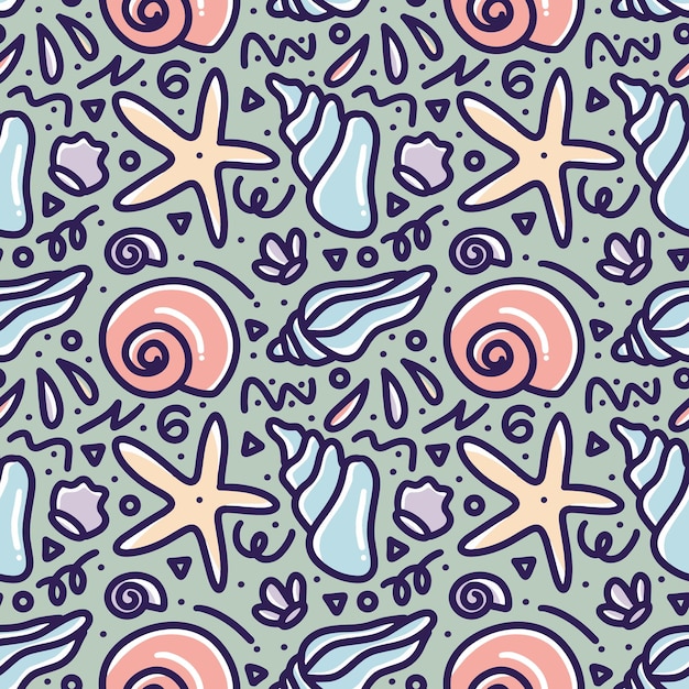 아이콘 및 디자인 요소와 바다 동물 손 그리기의 낙서 패턴