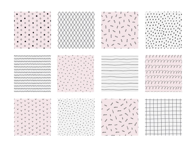 낙서 패턴 기하학적 스케치 모양으로 매끄러운 손으로 그린 인쇄 점과 선이 있는 파스텔 분홍색 또는 흰색 배경 디자인 최소 그래픽 링 및 선 벡터 소셜 미디어 배너 세트