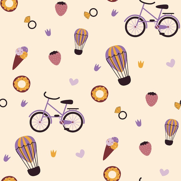 doodle pattern with bikes and balloons