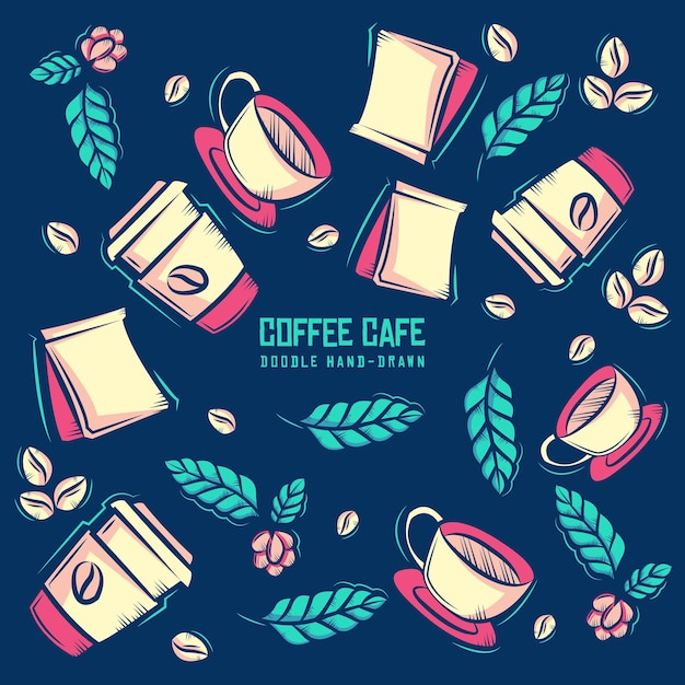 Doodle pattern con tazze da caffè, fagioli, foglie e vettore di imballaggio