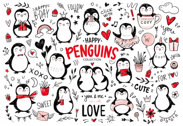 Doodle penguins, hand drawn set of funny animals. Penguin character in sketch style.