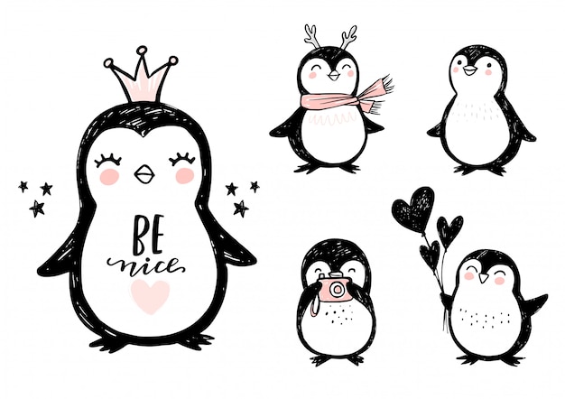 Vector doodle penguins, hand drawn set of funny animals.   penguin character in sketch style.