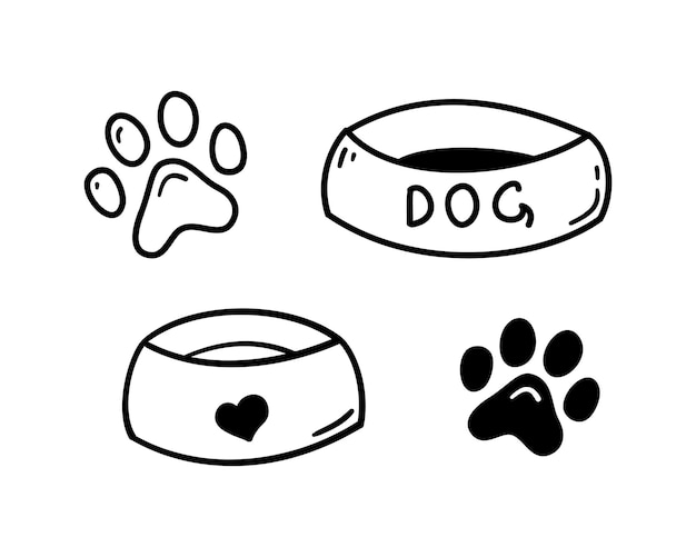 Vector doodle pet accessories dog or cat bowls for food or water paws hand drawn elements for puppy kitten