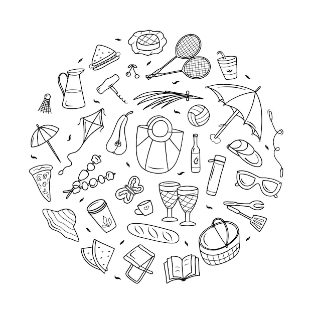 Doodle picnic set Vector elements of barbecue relax time hiking sport Round composition