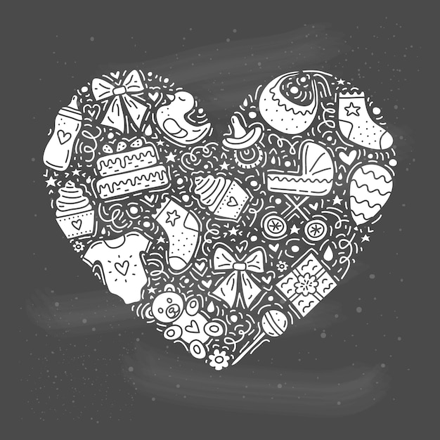 Doodle pictogrammen voor baby shower in hartvorm