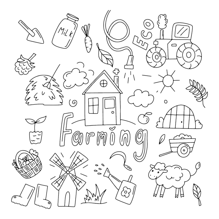 Doodle pictogrammen voor landbouw Een grote reeks handgetekende elementen met een tractor een molen