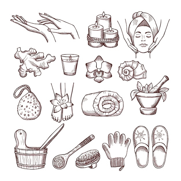 Doodle pictures set for relaxing or massage spa salon. aromatherapy illustrations. aromatherapy and spa for wellness and relax