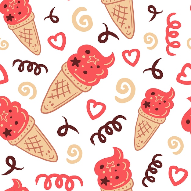 Doodle pink ice cream seamless pattern