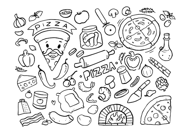 Doodle pizza, ingredienti per pizza disegnati a mano