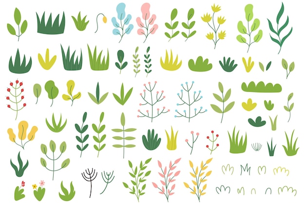 Пучок растений-каракулей в мультяшном стиле. Большая коллекция ростков травы и листьев. Красочный цветочный набор.